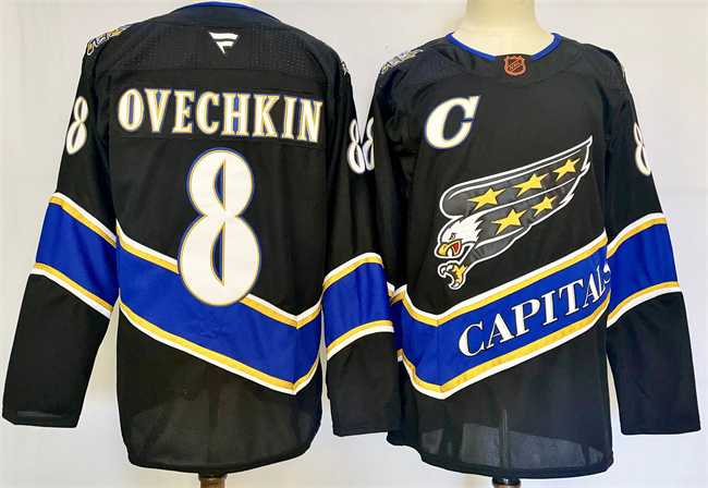 Mens Washington Capitals #8 Alexander Ovechkin Black 2024-25 C Patch Home Stitched Hockey Jersey